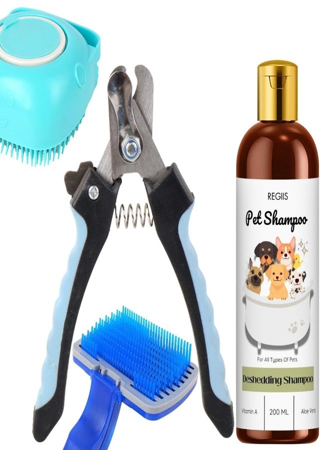 REGIIS Pet Grooming Set with Deshedding Shampoo, Professional Dog Cleaning Kit, 200ml Vitamin A and Aloe Vera Formula, Includes Brushes and Nail Clipper(Pack of 4) - Image 1